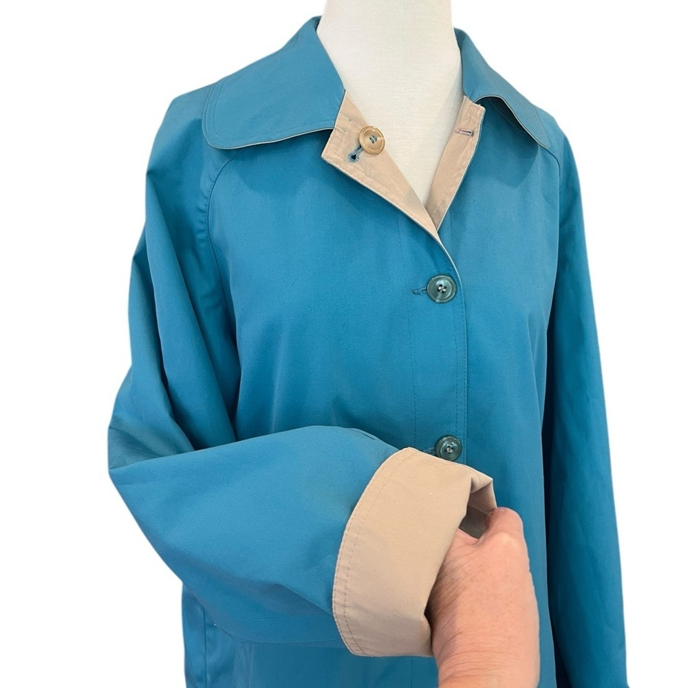 Vintage Forecaster of Boston Reversible Teal Blue and Tan Trench Coat Size 16 - Picture 4 of 13